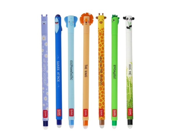 Legami Radiebare Stifte Bundle - Set mit 7 löschbaren Gelstiften incl. Hippo und Panda mit Bambus