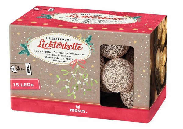 Lichterkette Glitzerkugel (Silber oder Gold)