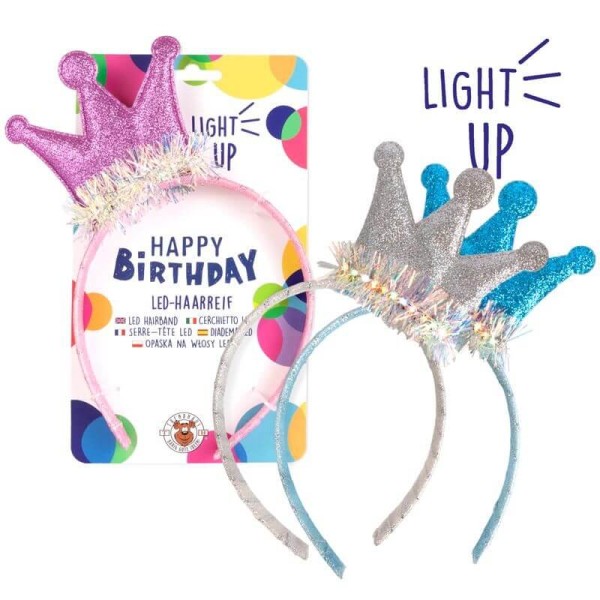 BIRTHDAY FUN LED-Haarreifen mit Krone, 4-fach sortiert