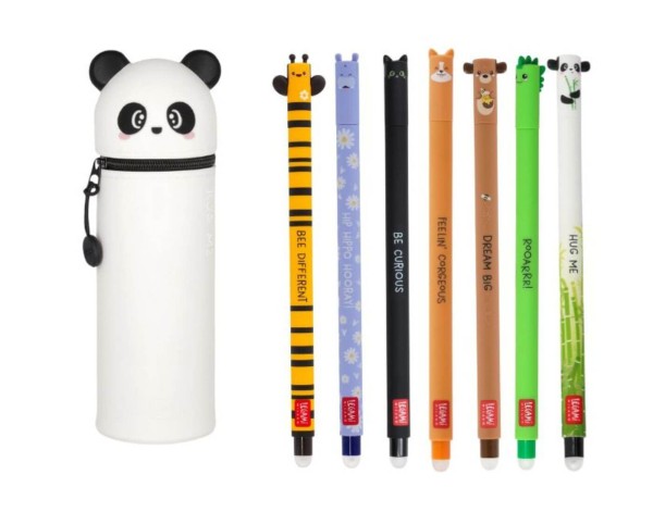 Legami Stifte + Panda Mäppchen Bundle - Set mit 7 löschbaren Gelstiften