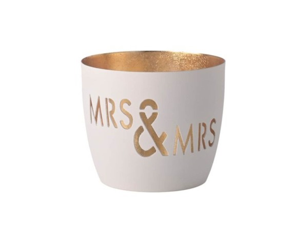 Madras, Windlicht, M, Motiv: Mrs & Mrs, weiß/gold