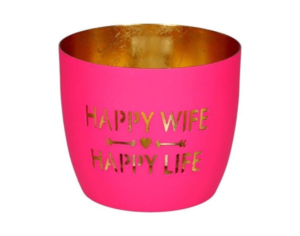 Madras, Windlicht, M, Motiv: Happy wife, happy life, hot pink/gold